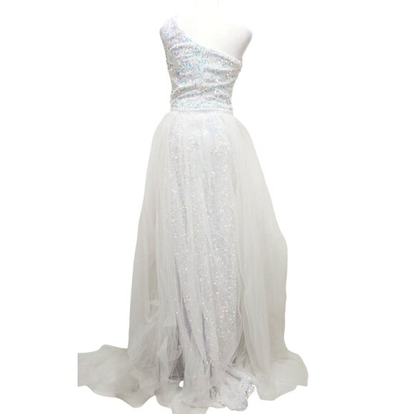 One-Shoulder Dress White Sequin Gown With Detachable Tulle Skirt Size 2 - Picture 5 of 14